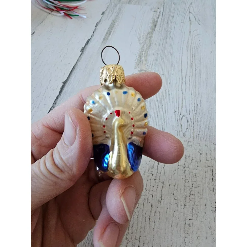 Vintage Germany‎ peacock glass ornament mini blue Xmas tree